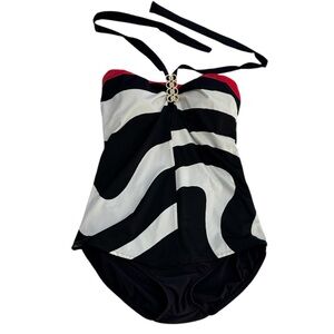 Tara Grinna Slimming One Piece Swimsuit Black White Red Halter Bandeau Size 8